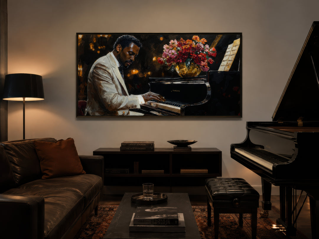 Framed canvas wall art of an African American man playing a piano with flowers in a living room.