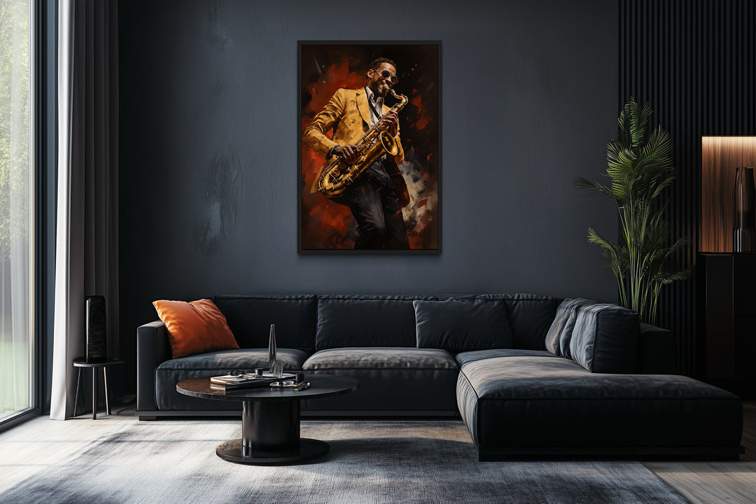 African American Saxophone Player Jazz Music Framed Canvas Wall Art