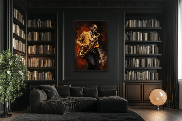 African American Saxophone Player Jazz Music Framed Canvas Wall Art