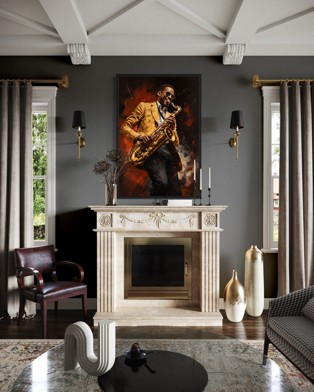 African American Saxophone Player Jazz Music Framed Canvas Wall Art