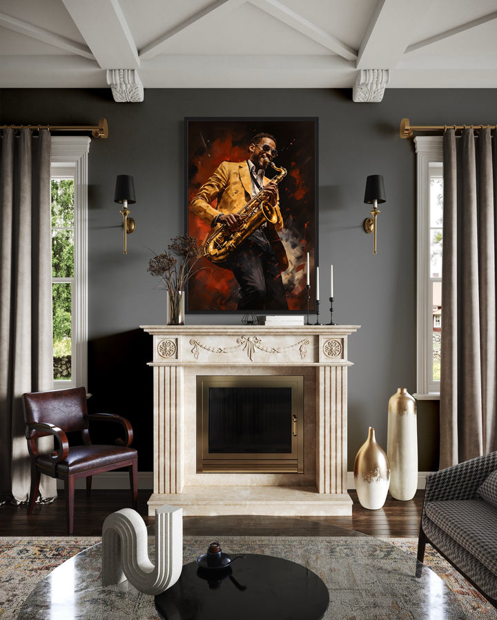 African American Saxophone Player Jazz Music Framed Canvas Wall Art