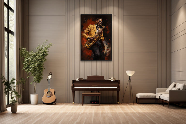 African American Saxophone Player Jazz Music Framed Canvas Wall Art