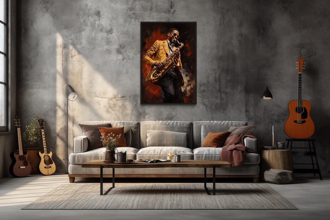 African American Saxophone Player Jazz Music Framed Canvas Wall Art