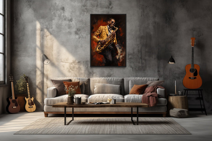 African American Saxophone Player Jazz Music Framed Canvas Wall Art