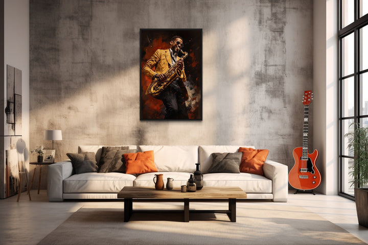 African American Saxophone Player Jazz Music Framed Canvas Wall Art