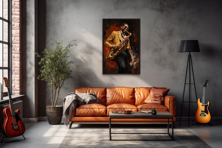 African American Saxophone Player Jazz Music Framed Canvas Wall Art