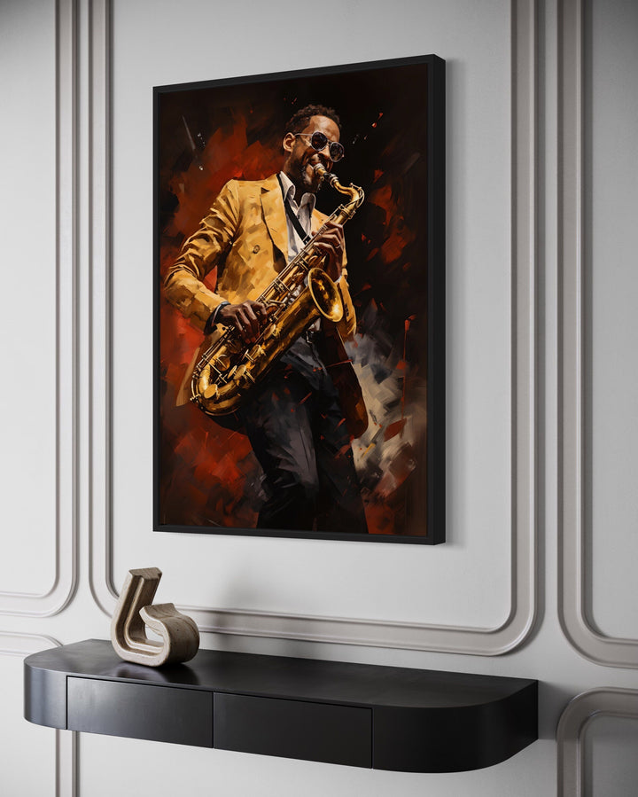 African American Saxophone Player Jazz Music Framed Canvas Wall Art