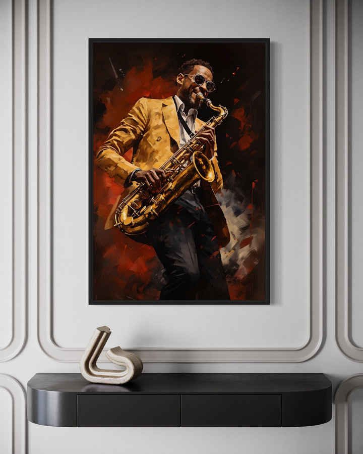 African American Saxophone Player Jazz Music Framed Canvas Wall Art