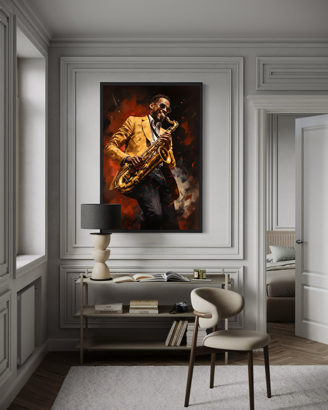 African American Saxophone Player Jazz Music Framed Canvas Wall Art
