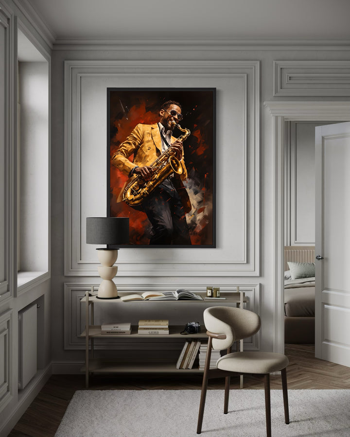 African American Saxophone Player Jazz Music Framed Canvas Wall Art