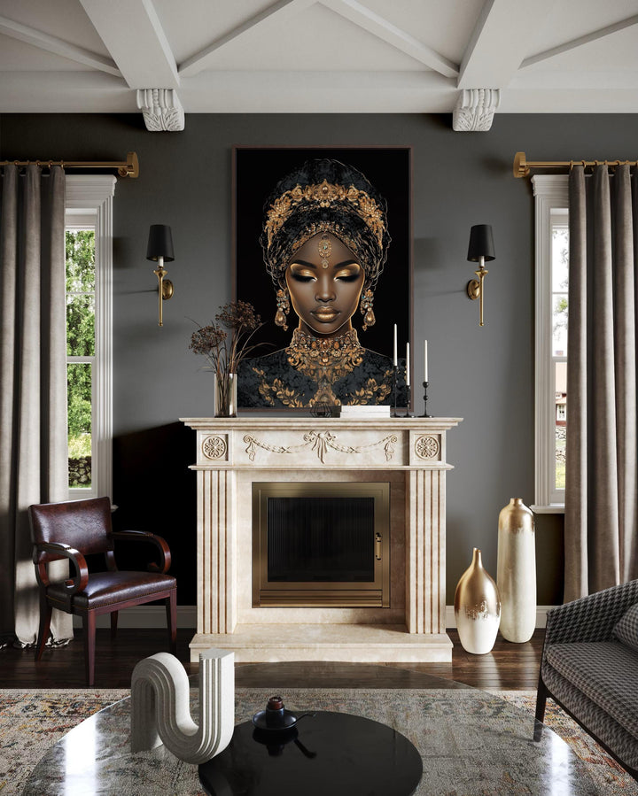 African American Woman Black and Gold Portrait Wall Art