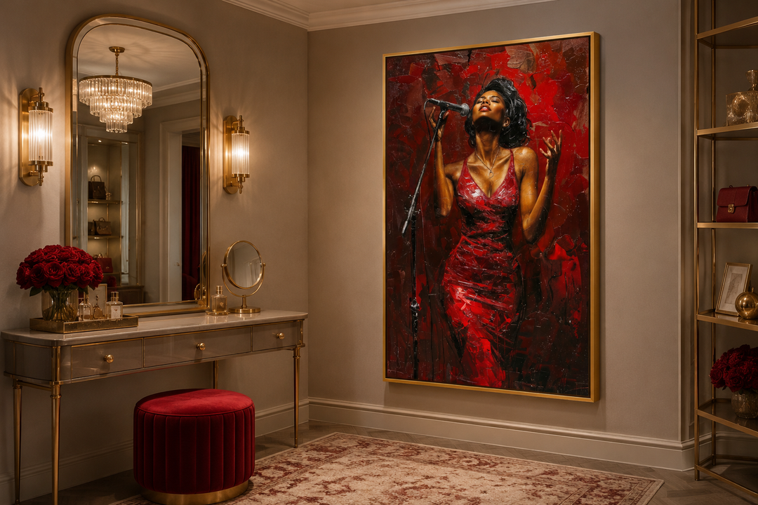 Framed canvas wall art of an African American woman jazz singer in a red dress in a dressing room.