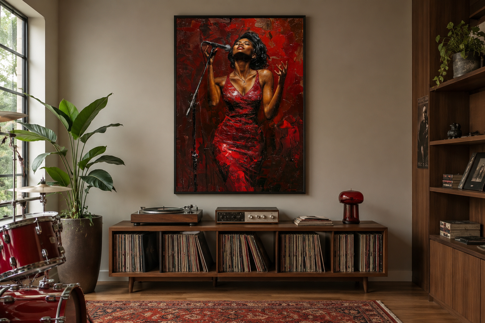 Framed canvas wall art of an African American woman jazz singer in a red dress above a record shelf.