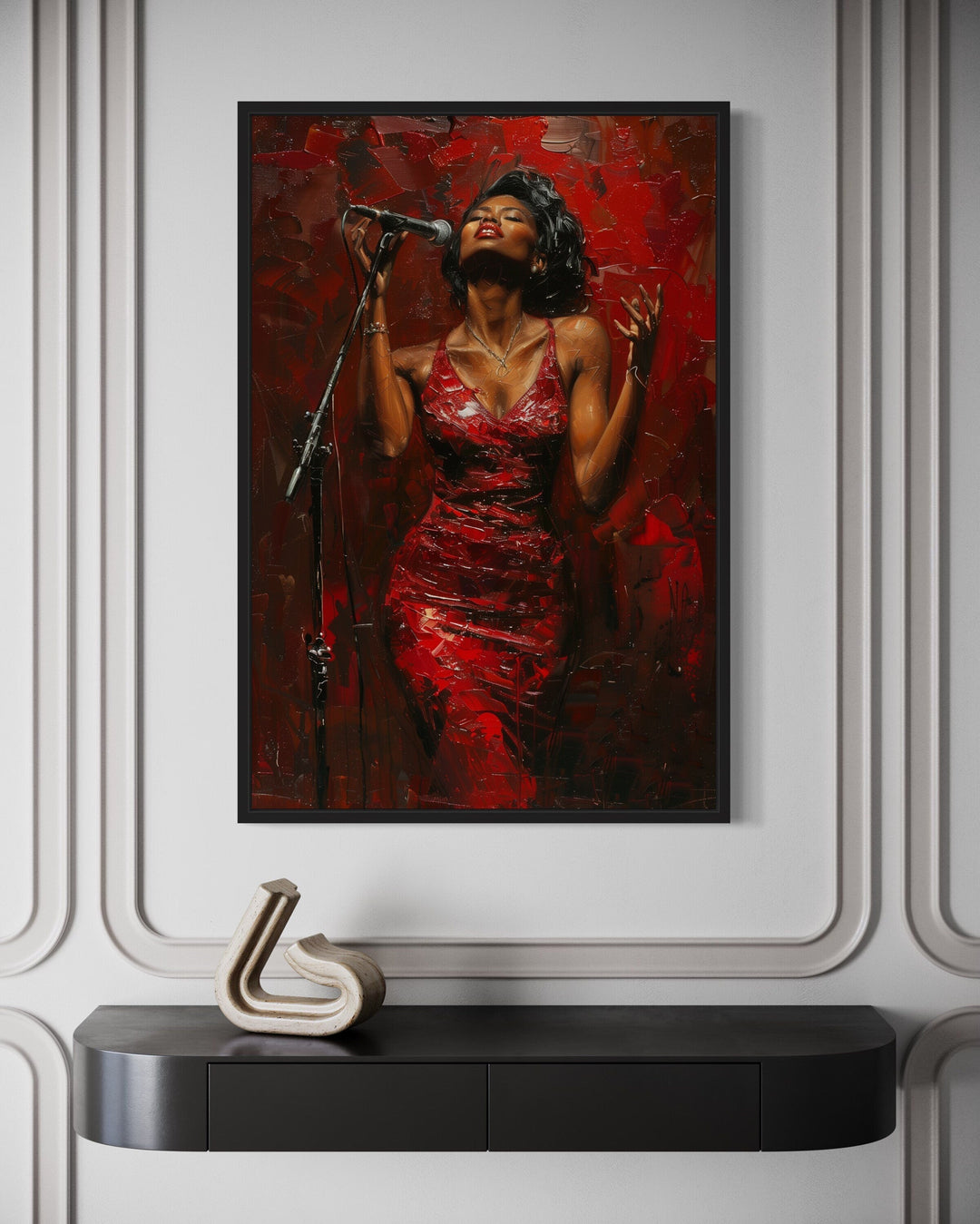 African American jazz singer in a red dress, framed canvas wall art.