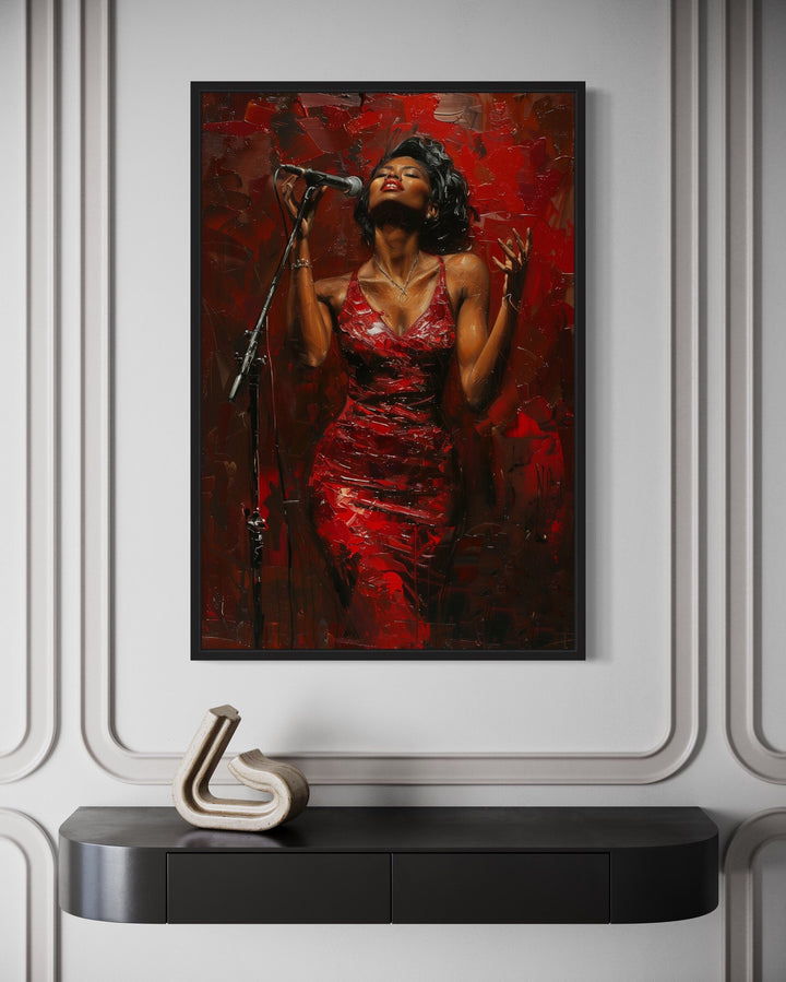 African American jazz singer in a red dress, framed canvas wall art.