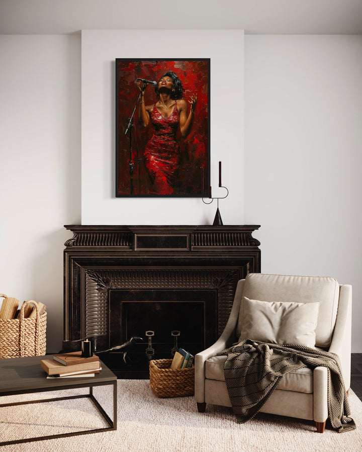 African American Woman Jazz Singer In Red Dress Framed Canvas Wall Art