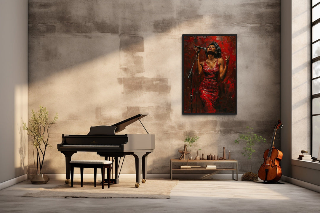 Framed canvas art of an African American jazz singer in a red dress.