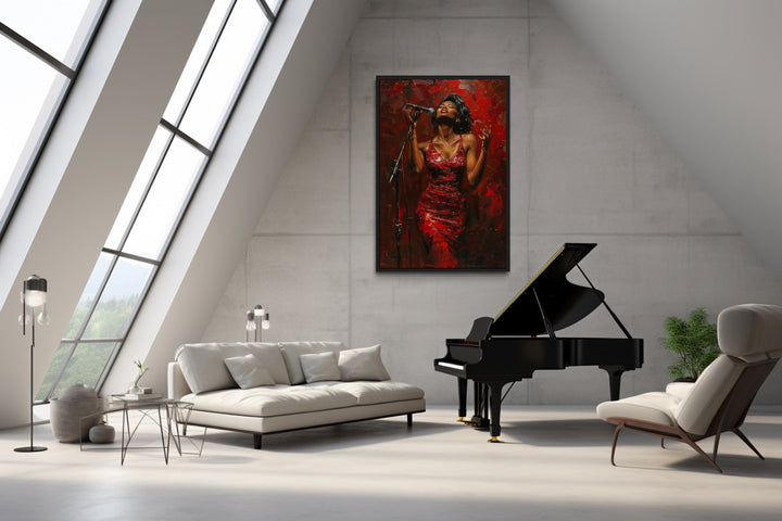 African American woman jazz singer in red dress framed canvas wall art.