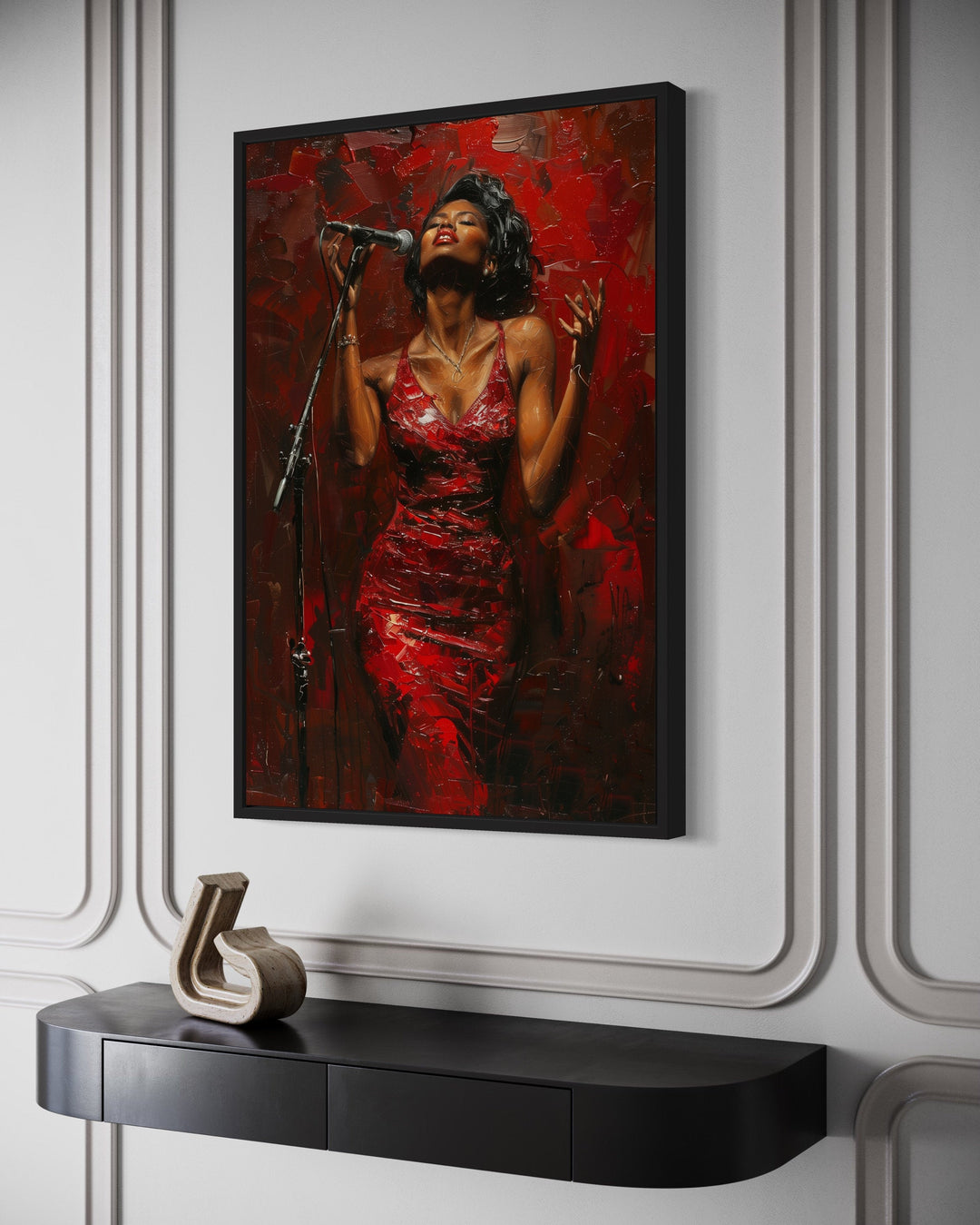 African American Woman Jazz Singer In Red Dress Framed Canvas Wall Art