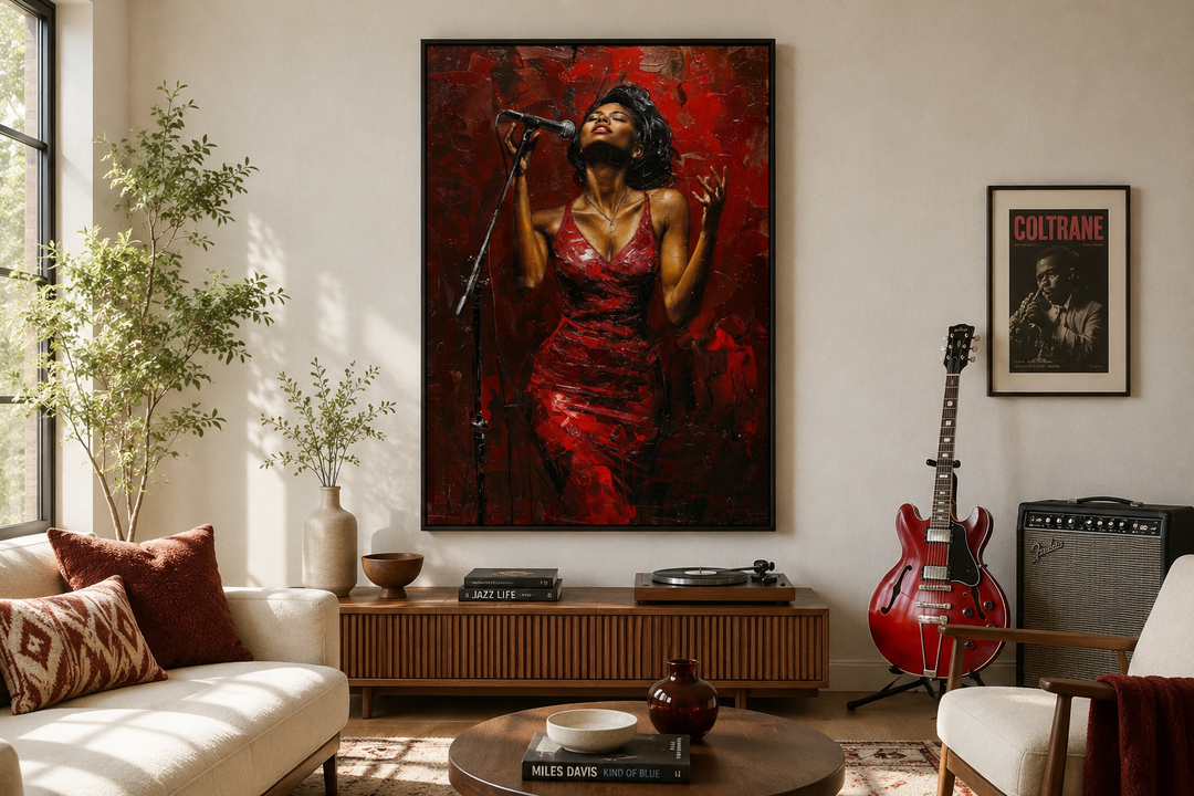 Framed canvas wall art of an African American woman jazz singer in a red dress on a living room wall.