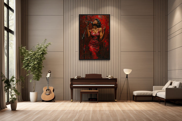 Framed canvas wall art of an African American jazz singer in a red dress.