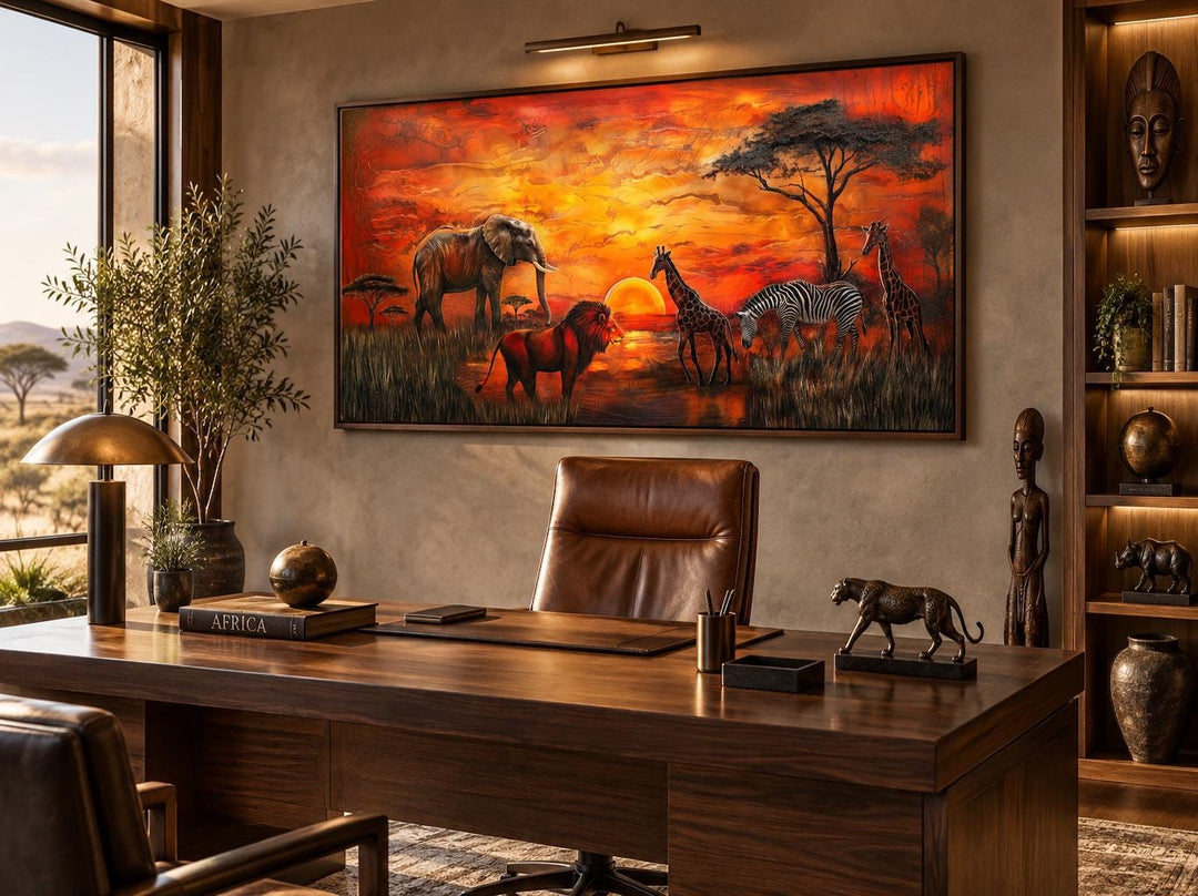 African animals in savannah at sunset framed canvas wall art above a desk in a home office.