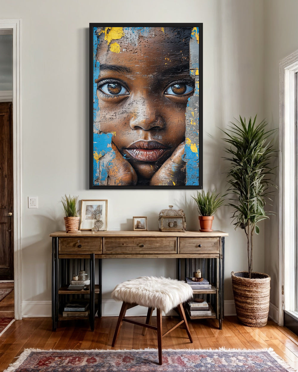 African Child Graffiti Painting Framed Canvas Wall Art