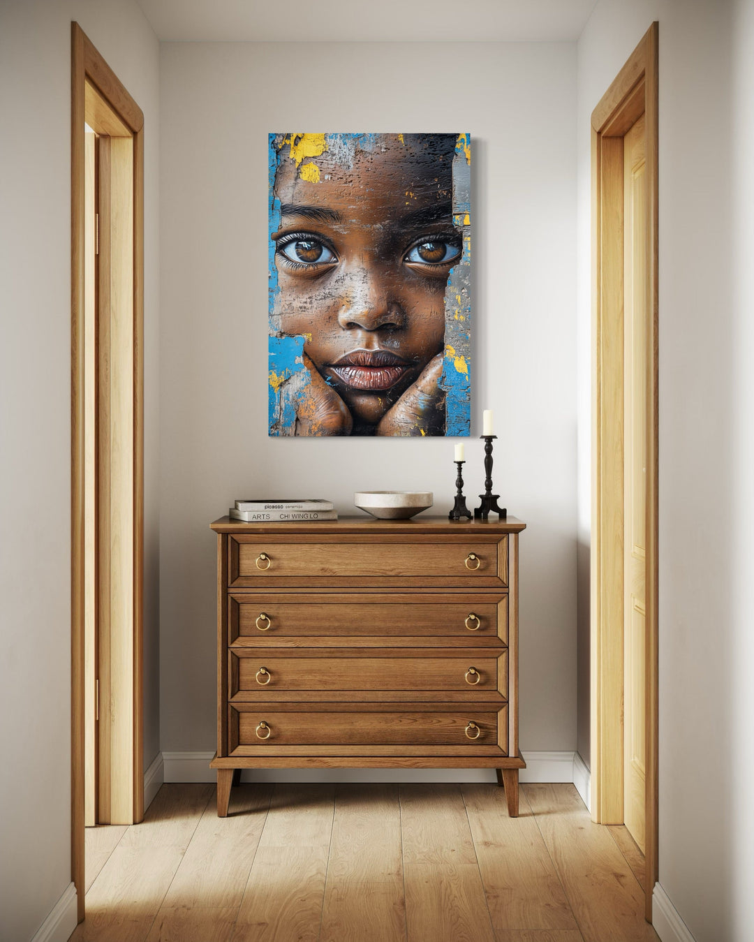 African Child Graffiti Painting Framed Canvas Wall Art on a wall above a dresser