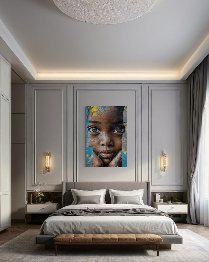 African Child Graffiti Painting Framed Canvas Wall Art in a bedroom above bed