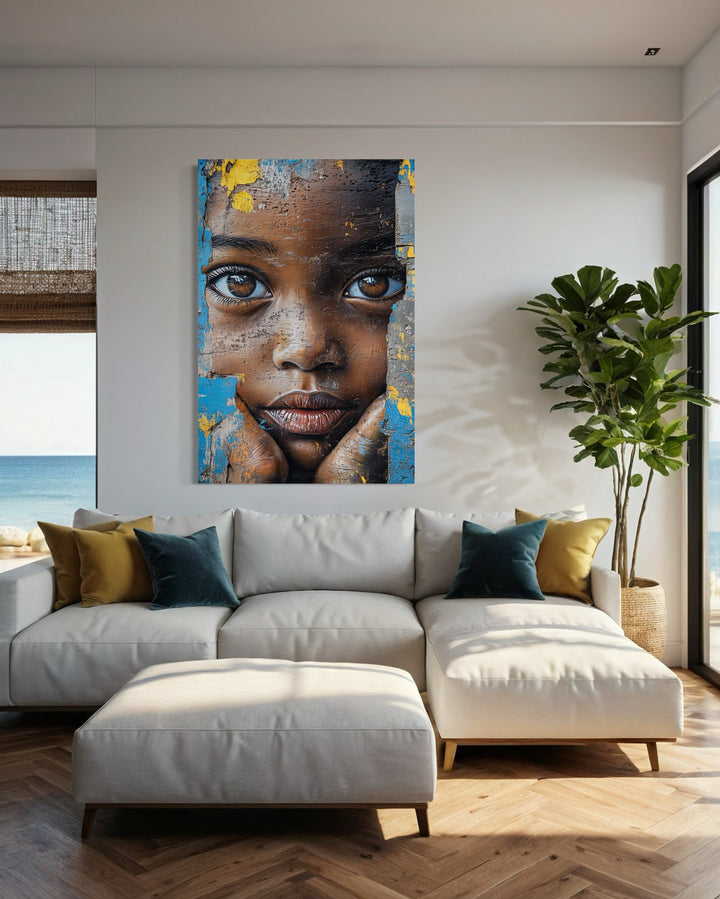 African Child Graffiti Painting Framed Canvas Wall Art in a living room with a couch