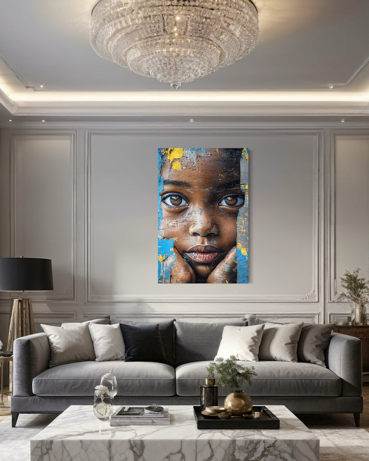 African Child Graffiti Painting Framed Canvas Wall Art in a living room with a couch