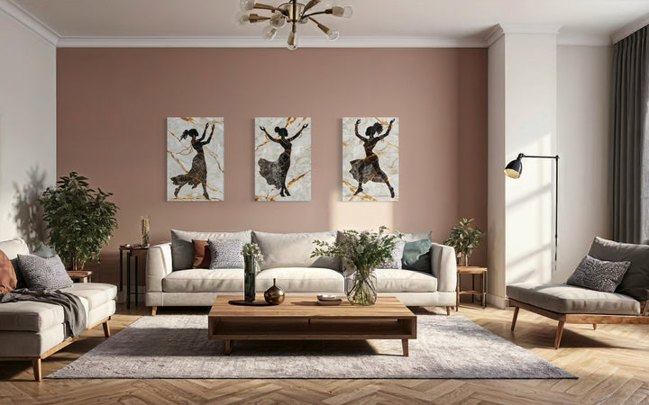 African Dancers Silhouettes 3 Piece Framed Canvas Wall Art