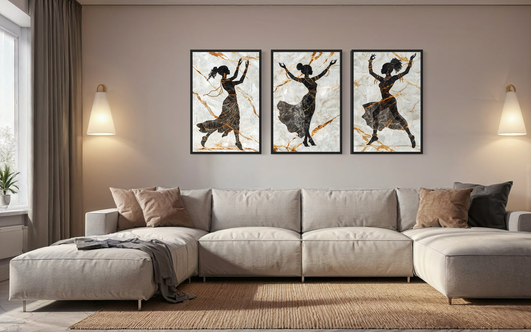 African Dancers Silhouettes 3 Piece Framed Canvas Wall Art