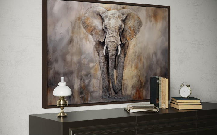 Extra large abstract canvas wall art of an African elephant in warm neutral and grey tones.