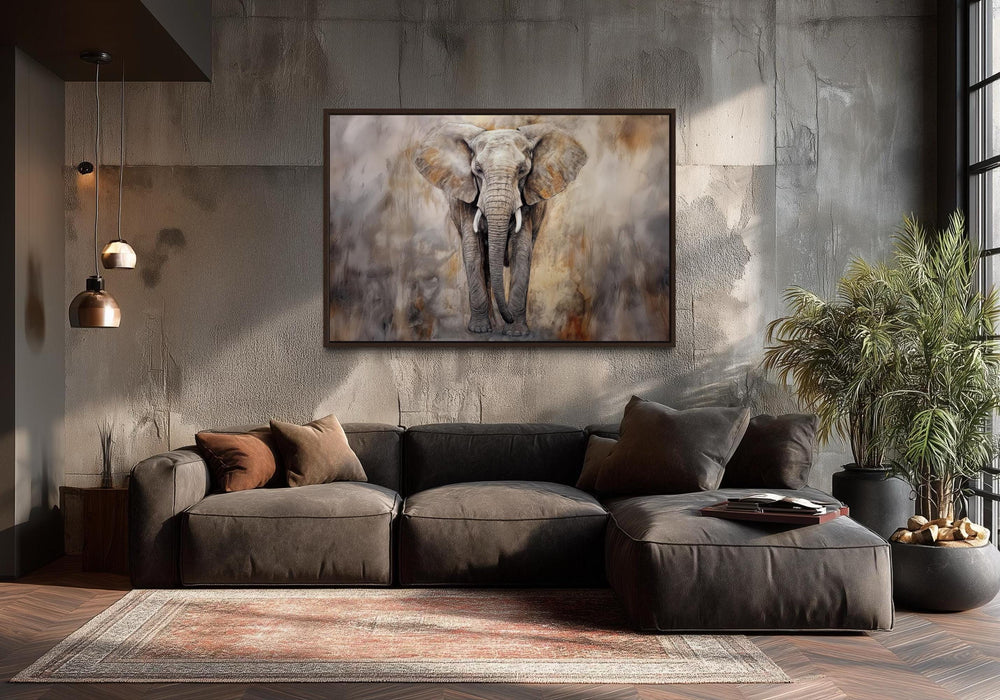 Extra large abstract canvas wall art of an African elephant above a modern sectional sofa.