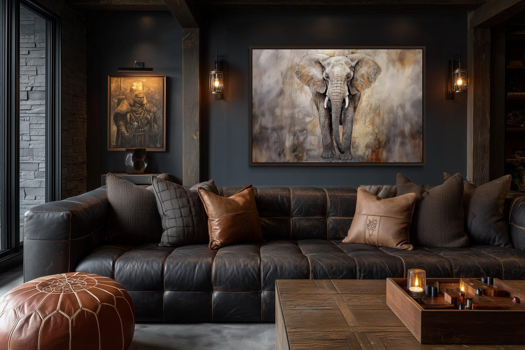 Extra large abstract canvas wall art of an African elephant in a dark, modern living room.