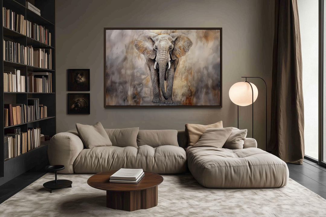 Extra large abstract canvas wall art featuring a detailed African elephant in a modern living room.