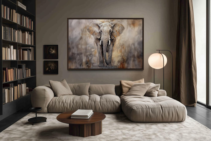 Extra large abstract canvas wall art featuring a detailed African elephant in a modern living room.