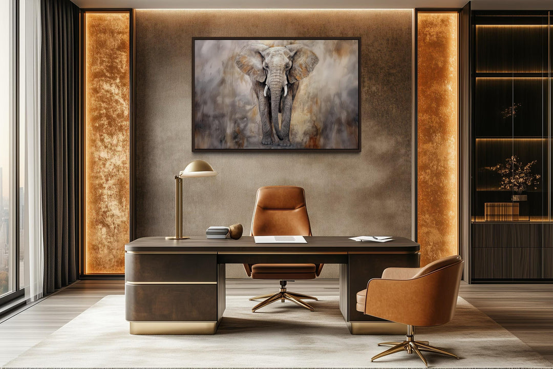 Extra large abstract canvas wall art of an African elephant hanging in a modern office setting.