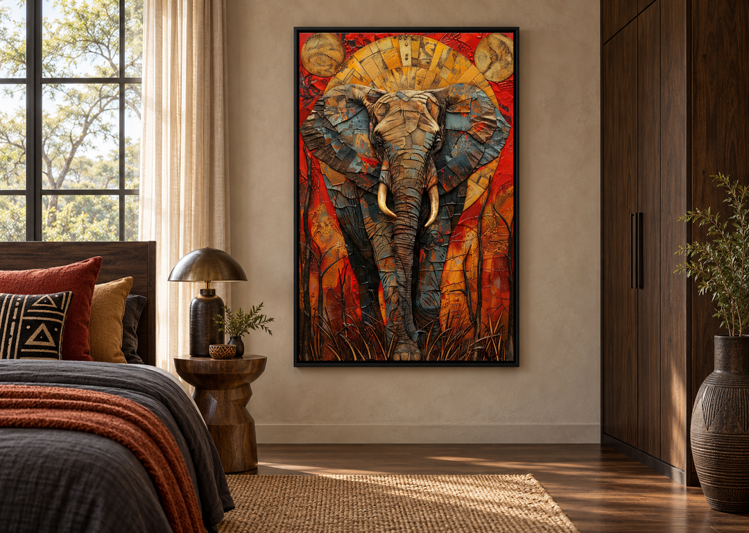Colorful African elephant abstract framed canvas wall art hanging in a modern bedroom.