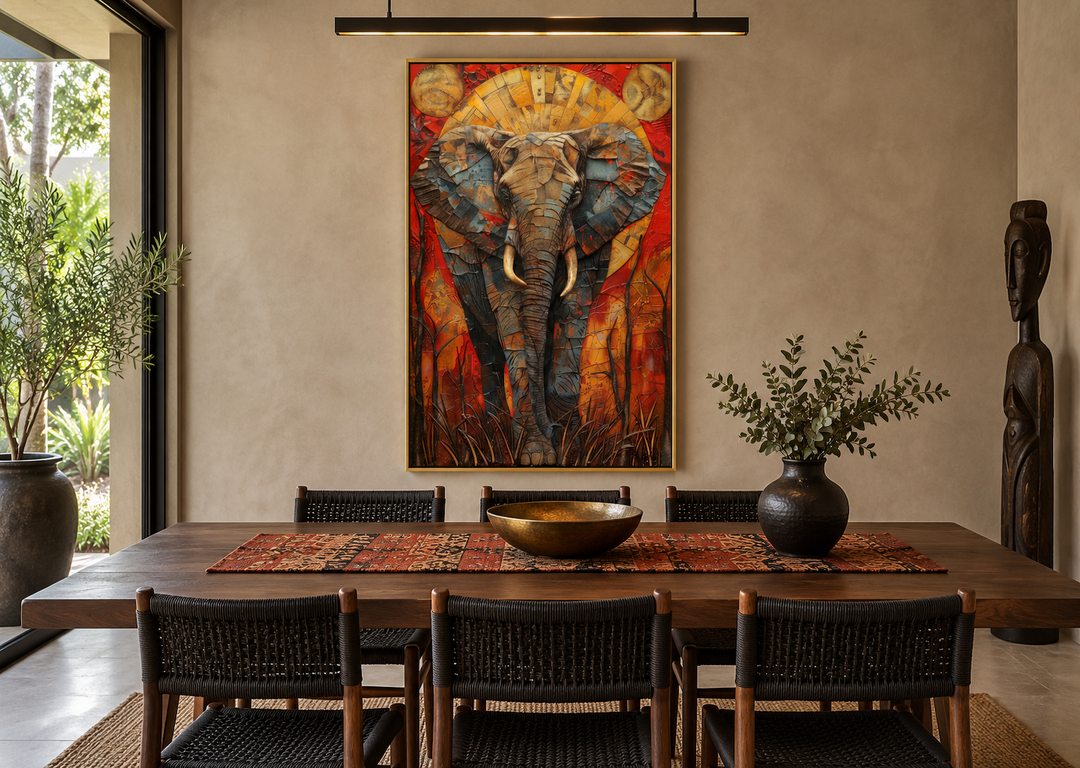 Colorful African elephant abstract framed canvas wall art in a modern dining room setting.