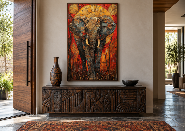 Colorful African elephant abstract framed canvas wall art above a carved wooden console table.
