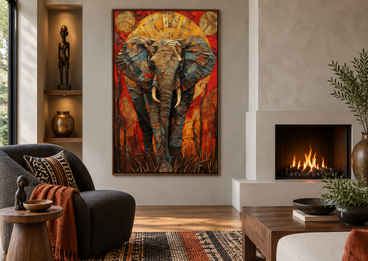 Colorful African elephant abstract framed canvas wall art hanging above a fireplace in a lounge.