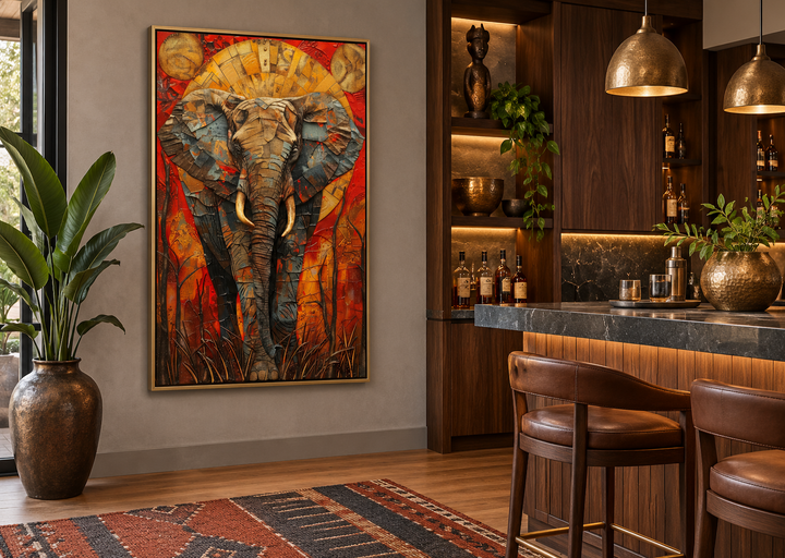 Colorful African elephant abstract framed canvas wall art displayed in a modern home bar setting.