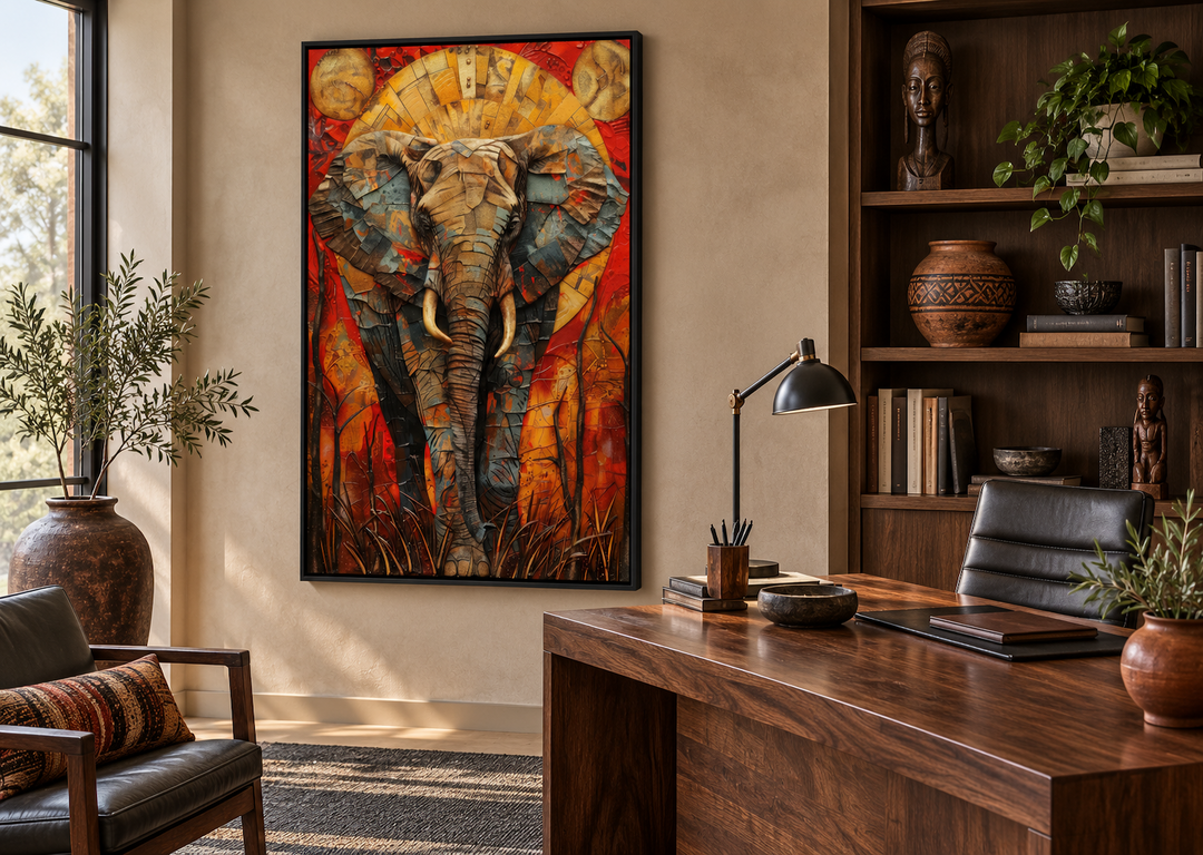 Colorful African elephant abstract framed canvas wall art in a modern home office setting.