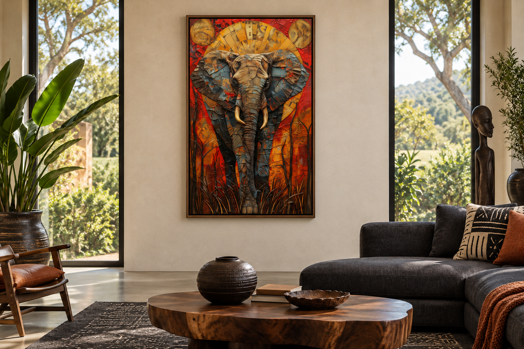 Colorful African elephant abstract framed canvas wall art in a modern living room setting.