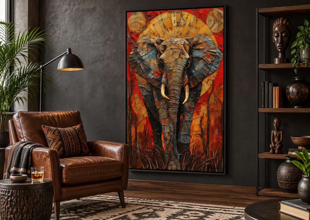Colorful African elephant abstract framed canvas wall art in a modern living room setting.