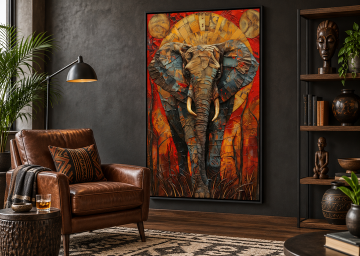 Colorful African elephant abstract framed canvas wall art in a modern living room setting.