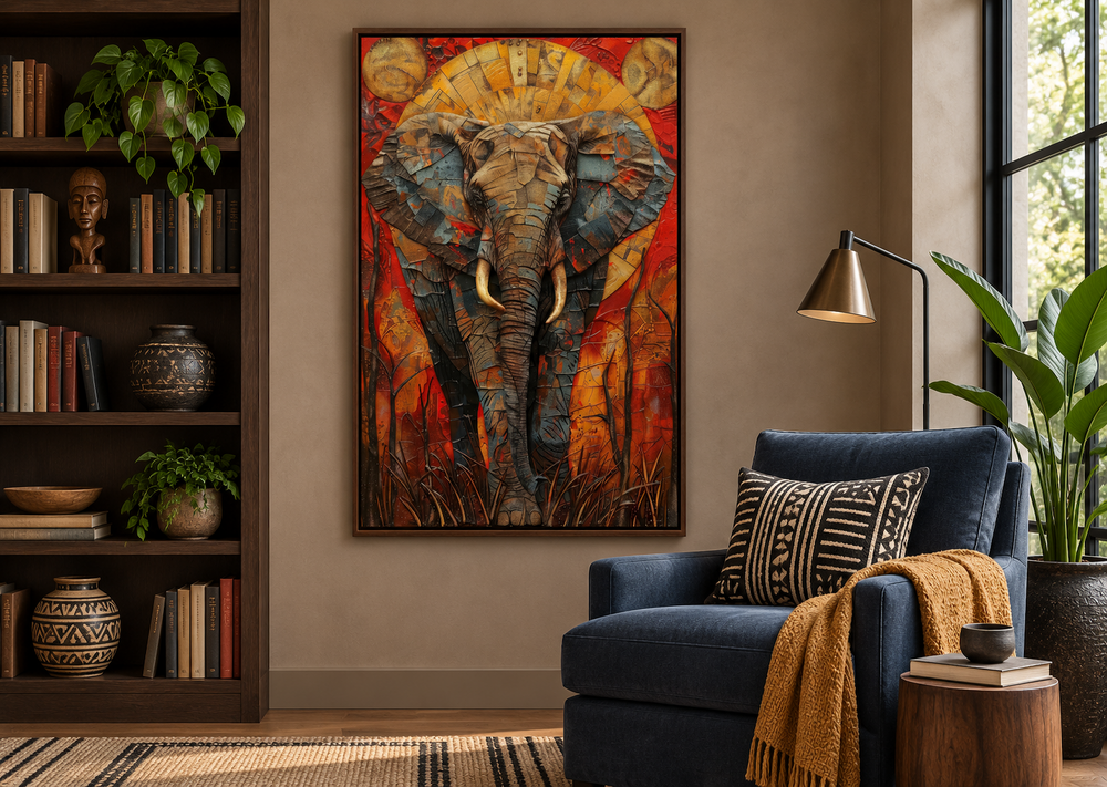 Colorful African elephant abstract framed canvas wall art in a modern living room setting.