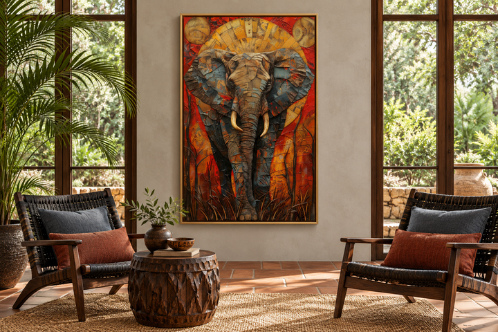 Colorful African elephant abstract framed canvas wall art in a sunlit room with wooden chairs.